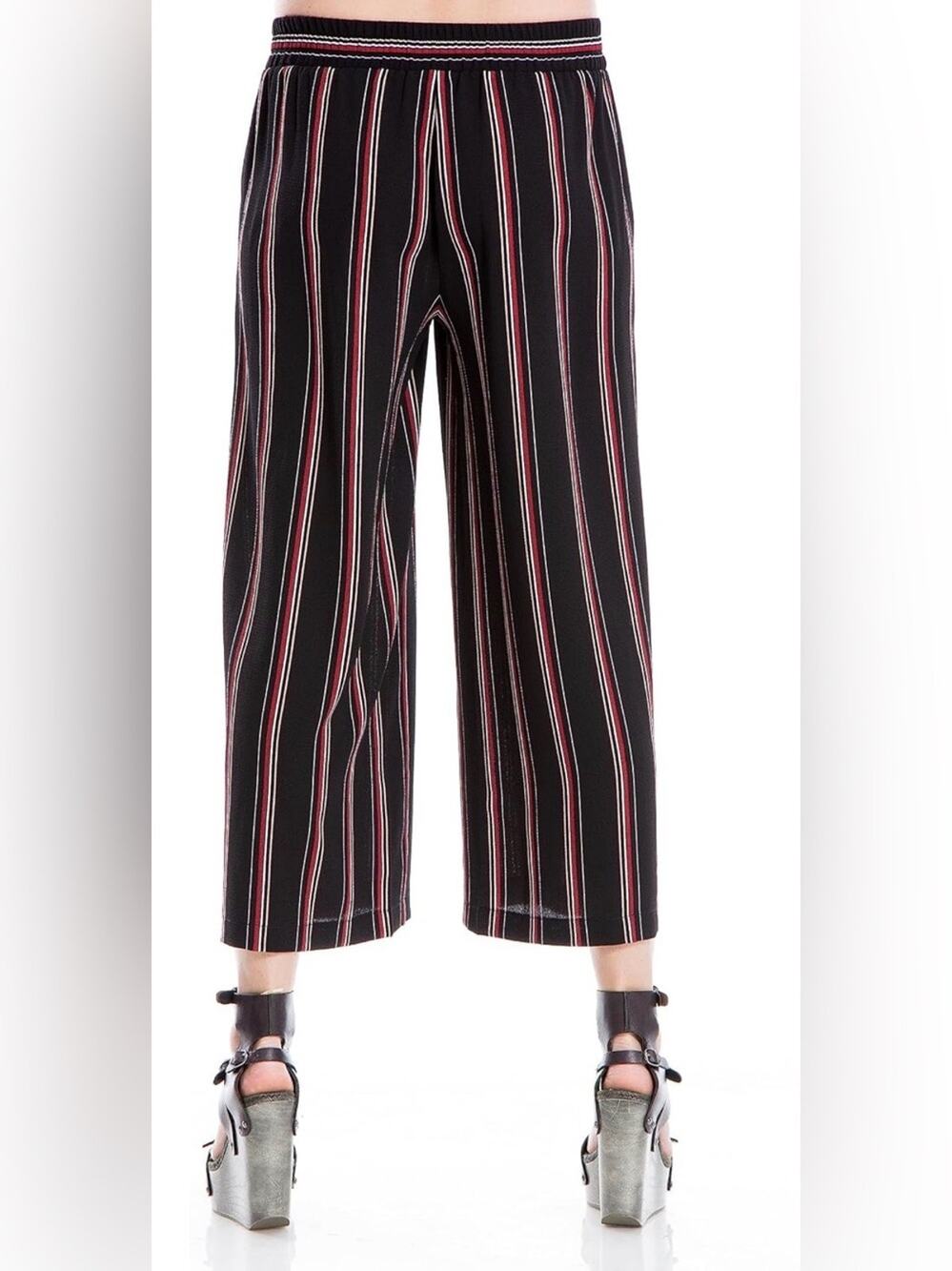 NEW Max Studio Black Red White Striped Wide-Leg Crop Flat Front Elastic Back MED